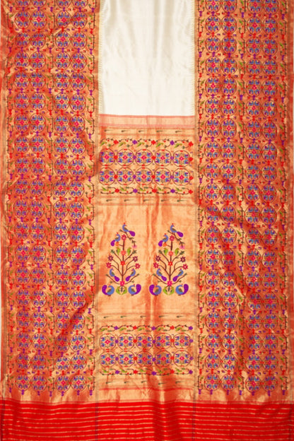 Paithani silk Mor Bangdi Cream saree