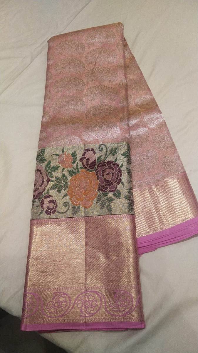 Kanchipuram Silk Tissue Brocade Pastel Pink Saree