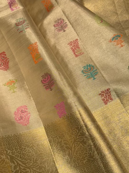 Kanchipuram Silk Tissue Meenakari Butta Gold Saree