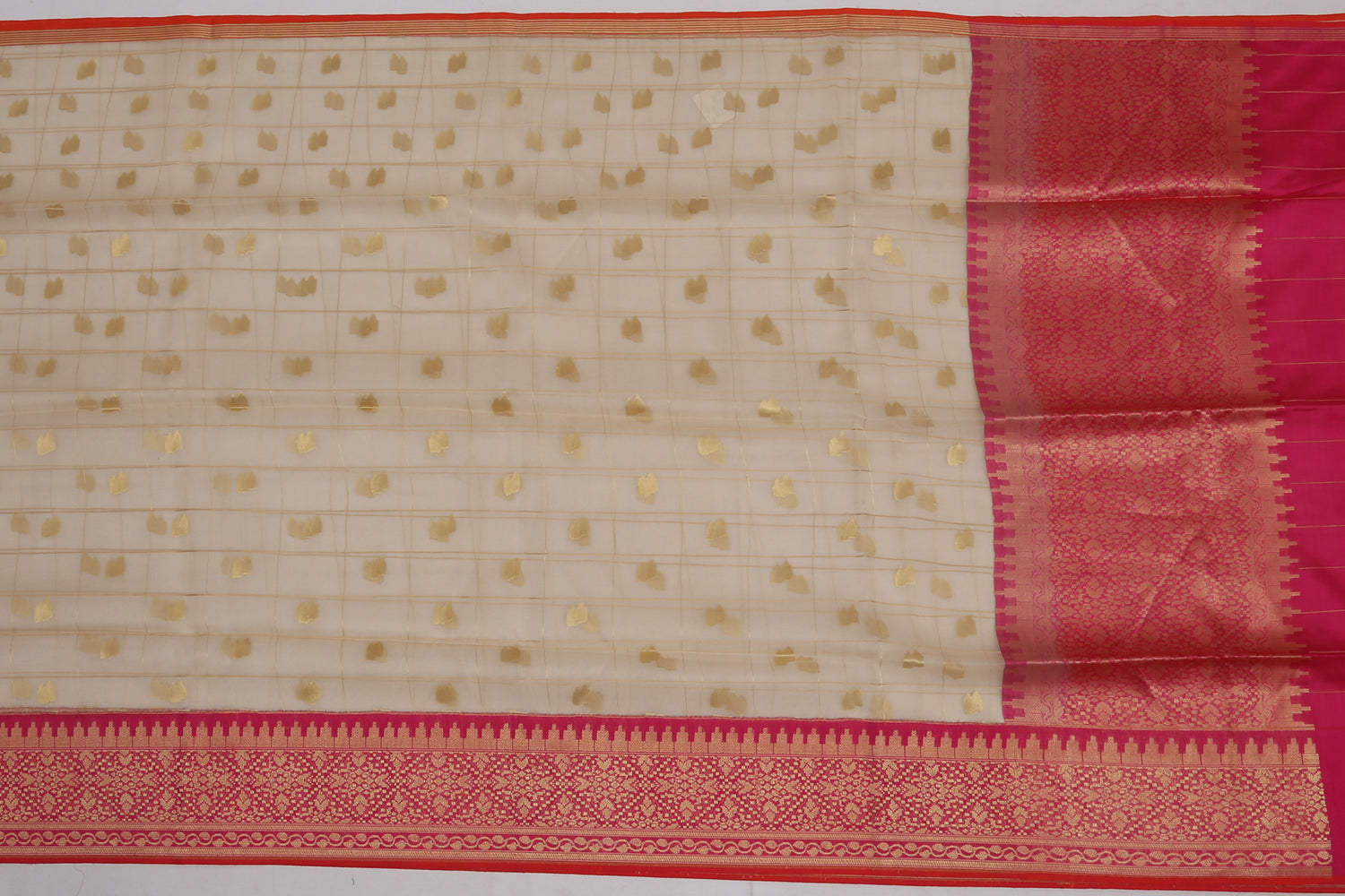 Organza Silk Checks Cream Sale Saree