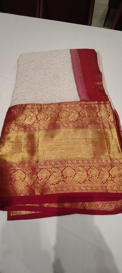 Lucknow Chikankari Georgette White Saree With Kanchipuram Border