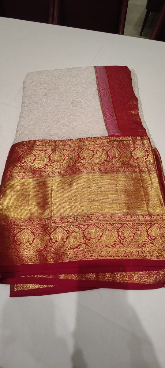 Lucknow Chikankari Georgette White Saree With Kanchipuram Border