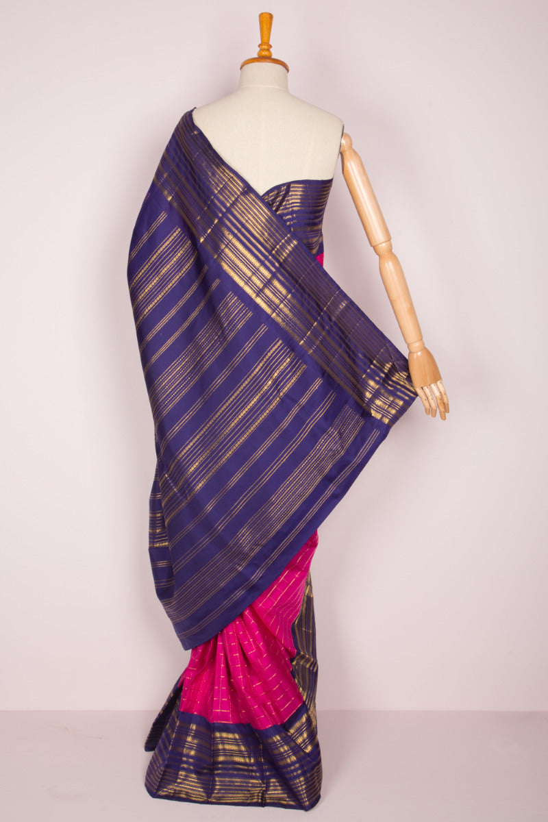Kanchipuram Silk Checks Pink Saree Vintage Classic Border