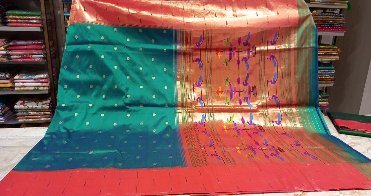 Paithani Silk Butta Dark Green Saree