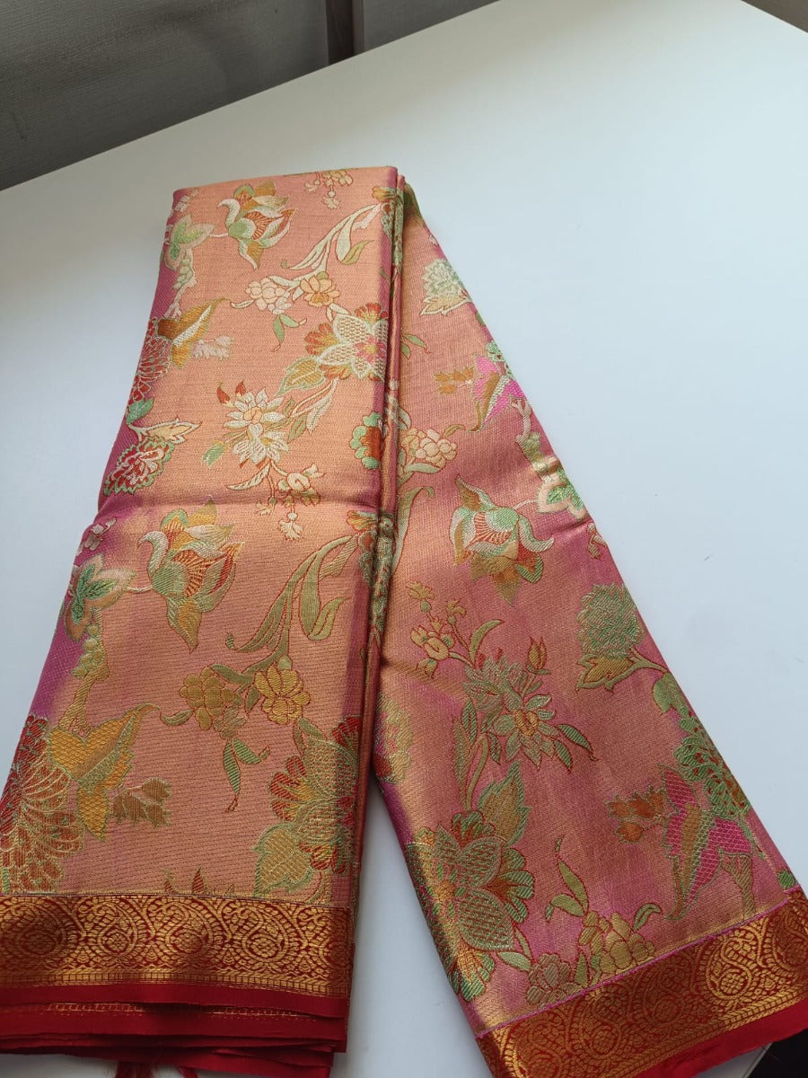 Kanchipuram Silk Tissue Jaal Pink saree